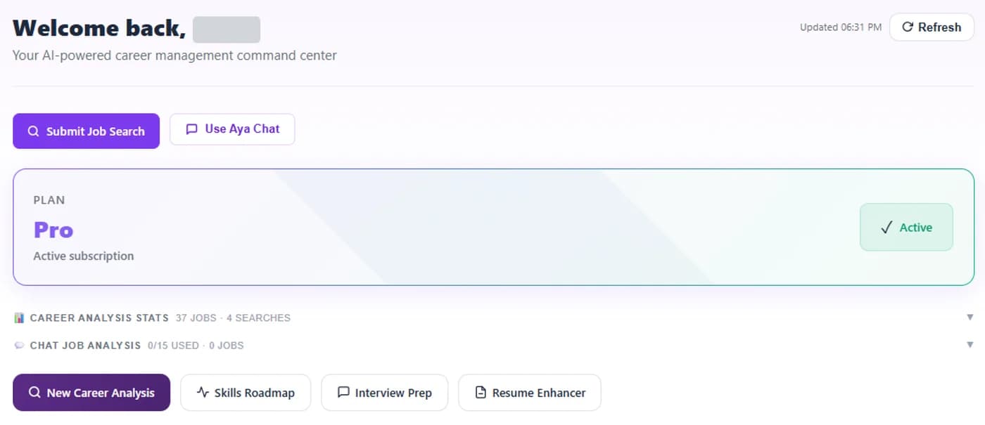 Aya dashboard with buttons for job search, Aya Chat, career analysis, skills roadmap, interview prep and resume enhancer