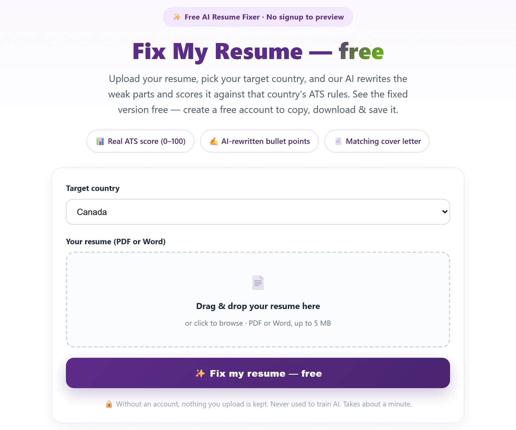 Aya’s free resume check: choose a country, then upload a PDF or Word resume.