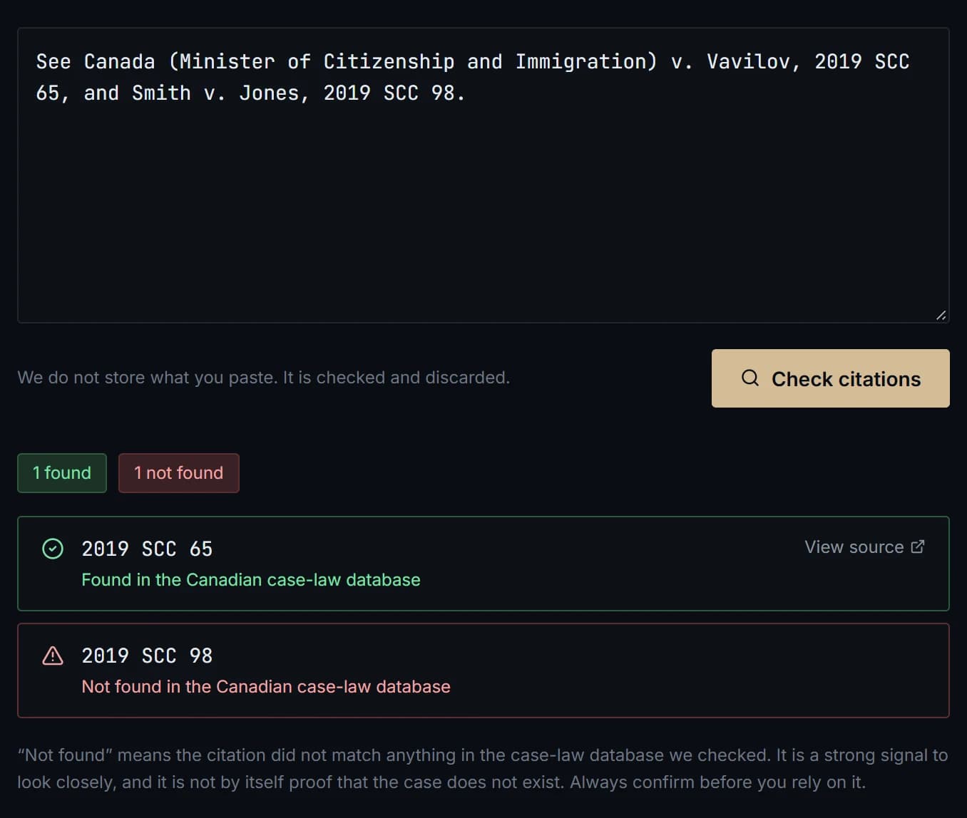 The citation checker showing one citation found in the Canadian case-law database and one not found.
